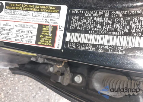 2016 Toyota Camry Se from USA, damaged, VIN 4T1BF1FK5GU188485